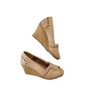 SKECHERS Size 7 Cali Salty Womens Natural Peep Toe Espadrille 3” Wedge Shoes